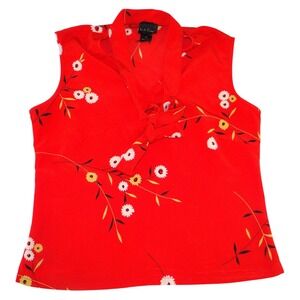 L.J. Freud Red‎ Floral Daisy Tie Neck Sleeveless Blouse Top Small